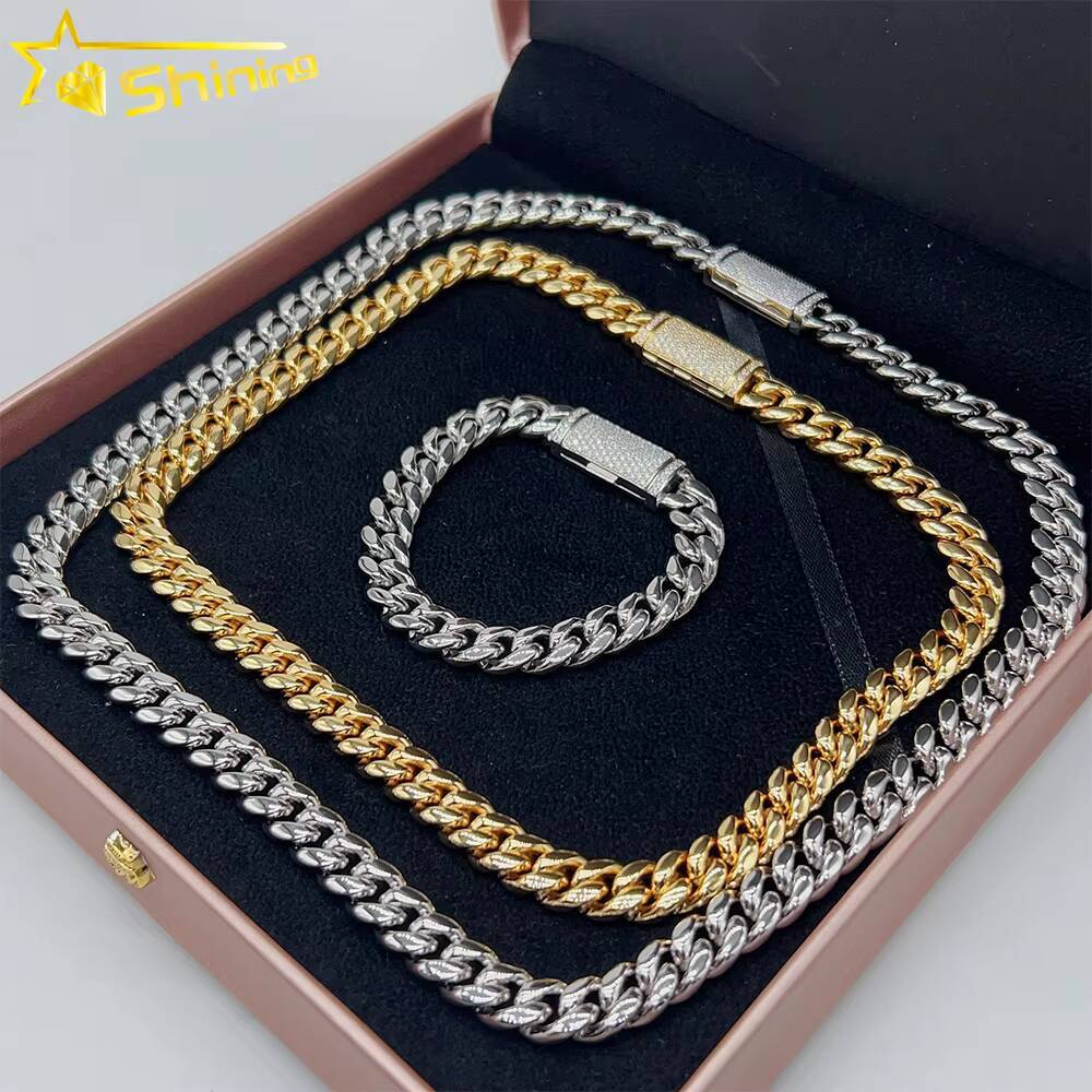 Hot Sale Miami Cuban Chain Stainless Steel Silver Moissanite Lock High Quality 10mm 12mm 14mm 18mm Cuban Necklace Bracelet