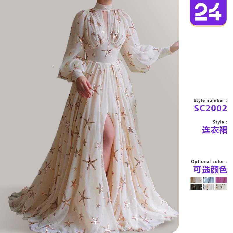 2025 New Multi Color Large Half High Collar Sparkling Lantern Sleeve Horn Chiffon Dress New Designer Dress