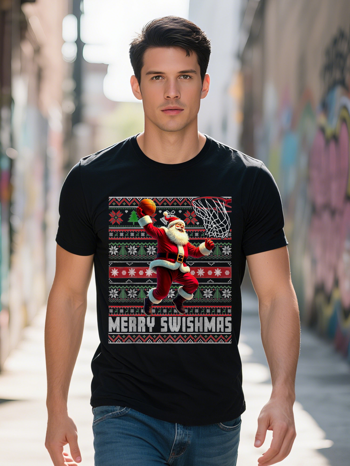 Men s Merry Smas Santa Playing Basketball T Shirt Cotton Short Sleeve Crew Neck in Festive Ugly Christmas ef825 2a1f7
