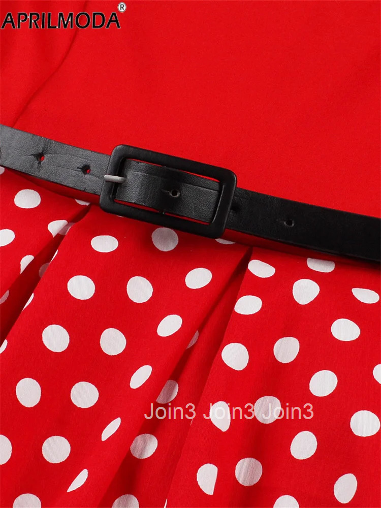 Polka Dot Print Patchwork Vintage Style A Line Swing Flare Dress Short Sleeve Red Pink Black 1950s Summer Holiday Casual Dresses