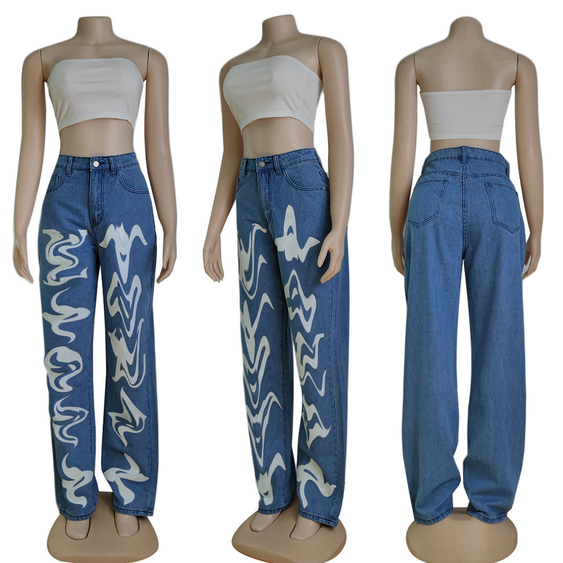 J2683 womens casual versatile denim high waisted blue washed pants jeans 4 colors