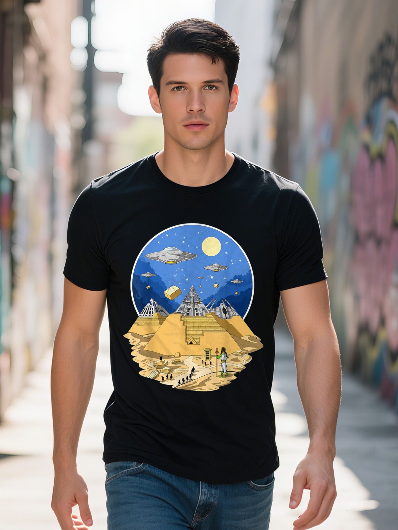 Men s Egyptian Pyramids UFO Sci Fi Graphic T Shirt Cotton Short Sleeve Round Neck with Vibrant Digital Print d6823