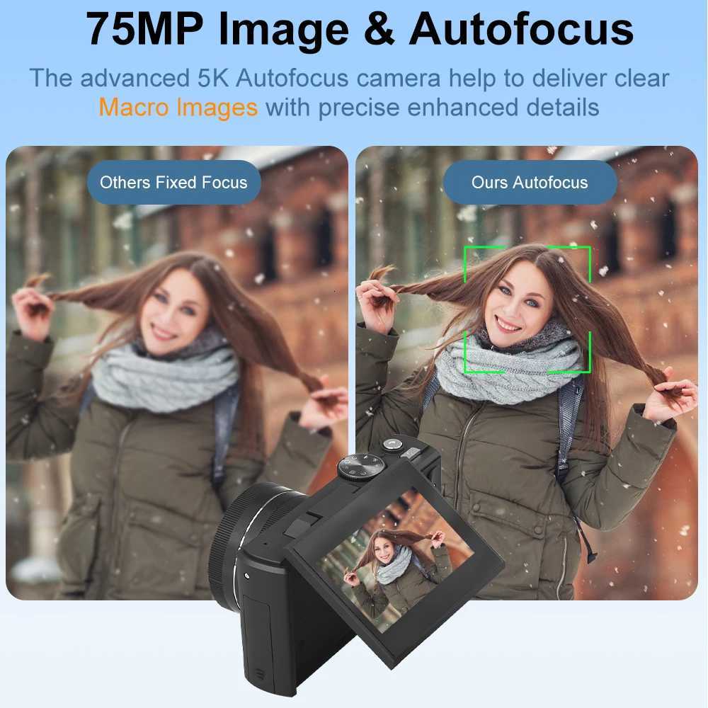 5K Digital Camera for Photography and 18X Digital Zoom Camera 75 MP Compact Video Recorder 180 Flip Screen Selfie WiFi Webcam X250804