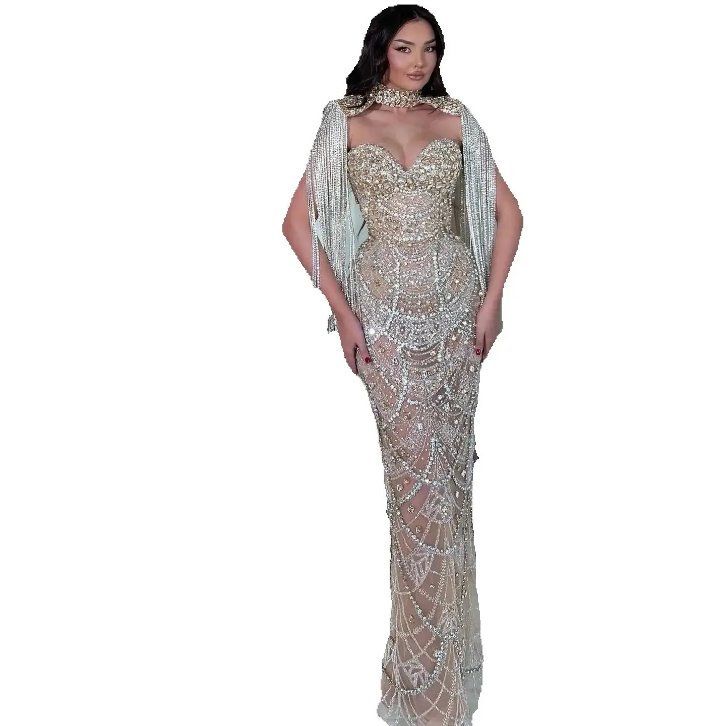 Exquisite Crystal Tassels Evening Dresses Customized Sexy Sequined Beaded Prom Dress Sleeveless Floor Length Party Gown