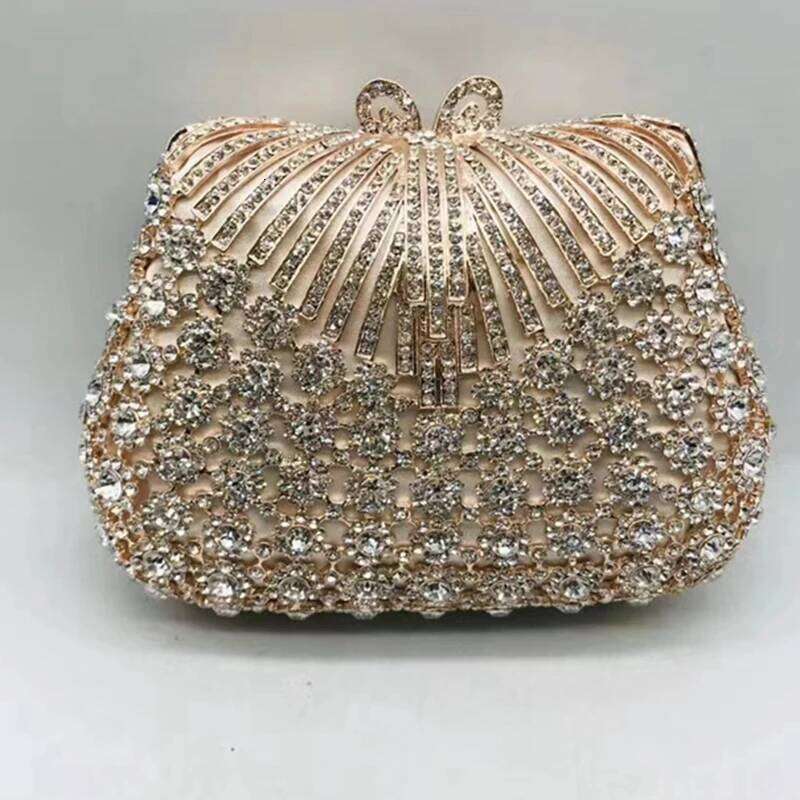Women Gold Color Flower Rhinestones Clutch Bags Crystal Evening Purse Stones Metal Clutches Small Handbag Wedding Bag