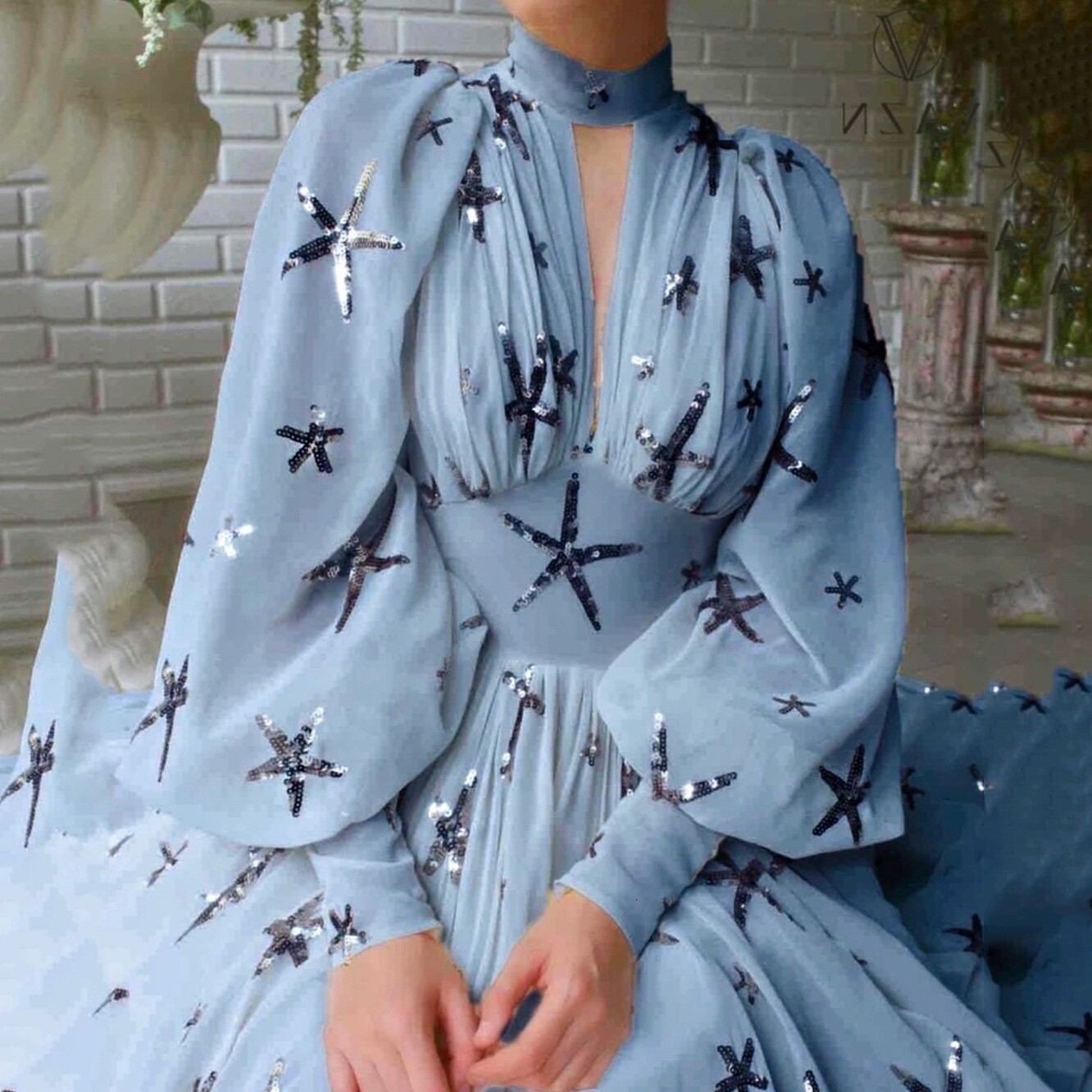 2025 New Multi Color Large Half High Collar Sparkling Lantern Sleeve Horn Chiffon Dress New Designer Dress