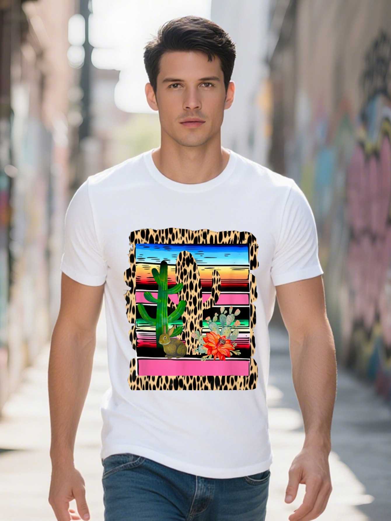 Men's Cotton T-Shirt Fiesta Colorful Cheetah Cactus Flower Rabbit Print Short Sleeve Round Neck