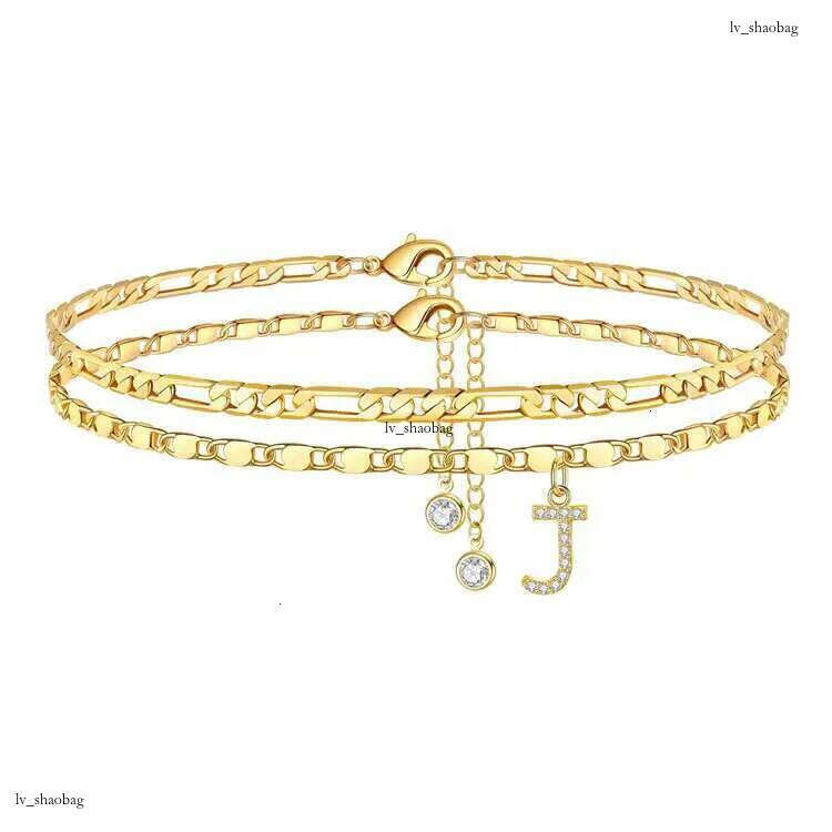 DHCollections Fashion Layered Gold Plated Stainless Steel Figaro Anklet Chain Bling Zircon 26 Initial Letter Charm Anklets for Women