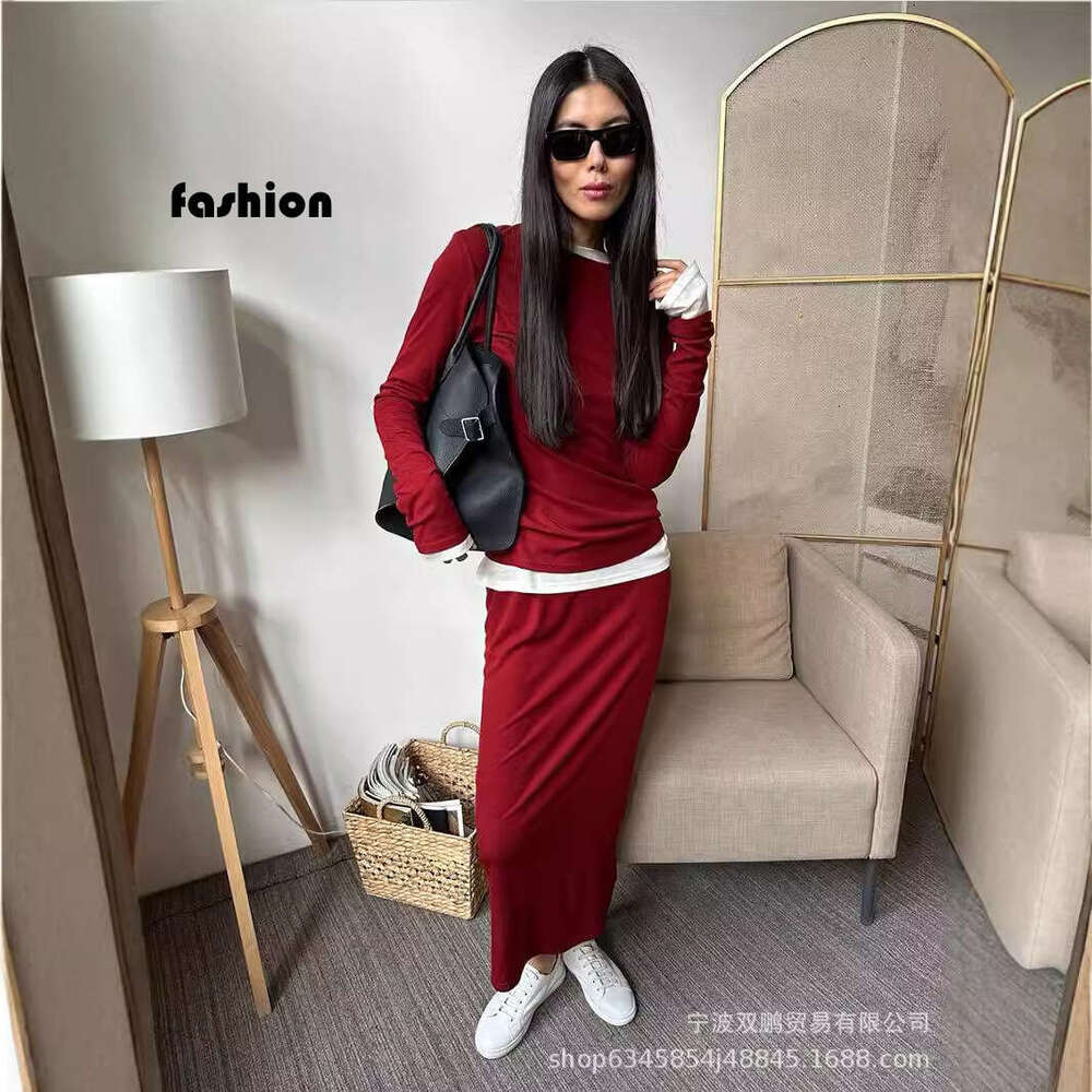 Autumn Winter New Soft Modal Women's Style Casual Top + Wide Leg Pants Christmas Red Two Piece Set B5 b7