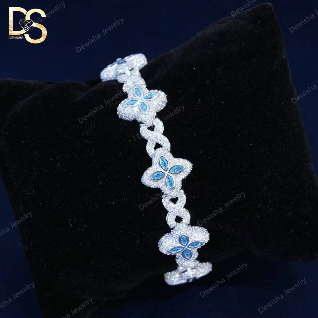 Hip Hop Jewelry 15mm Marquise Flower Design Iced Out Unisex Moissanite Cuban Link Chain 925 Silver Moissanite Bracelet