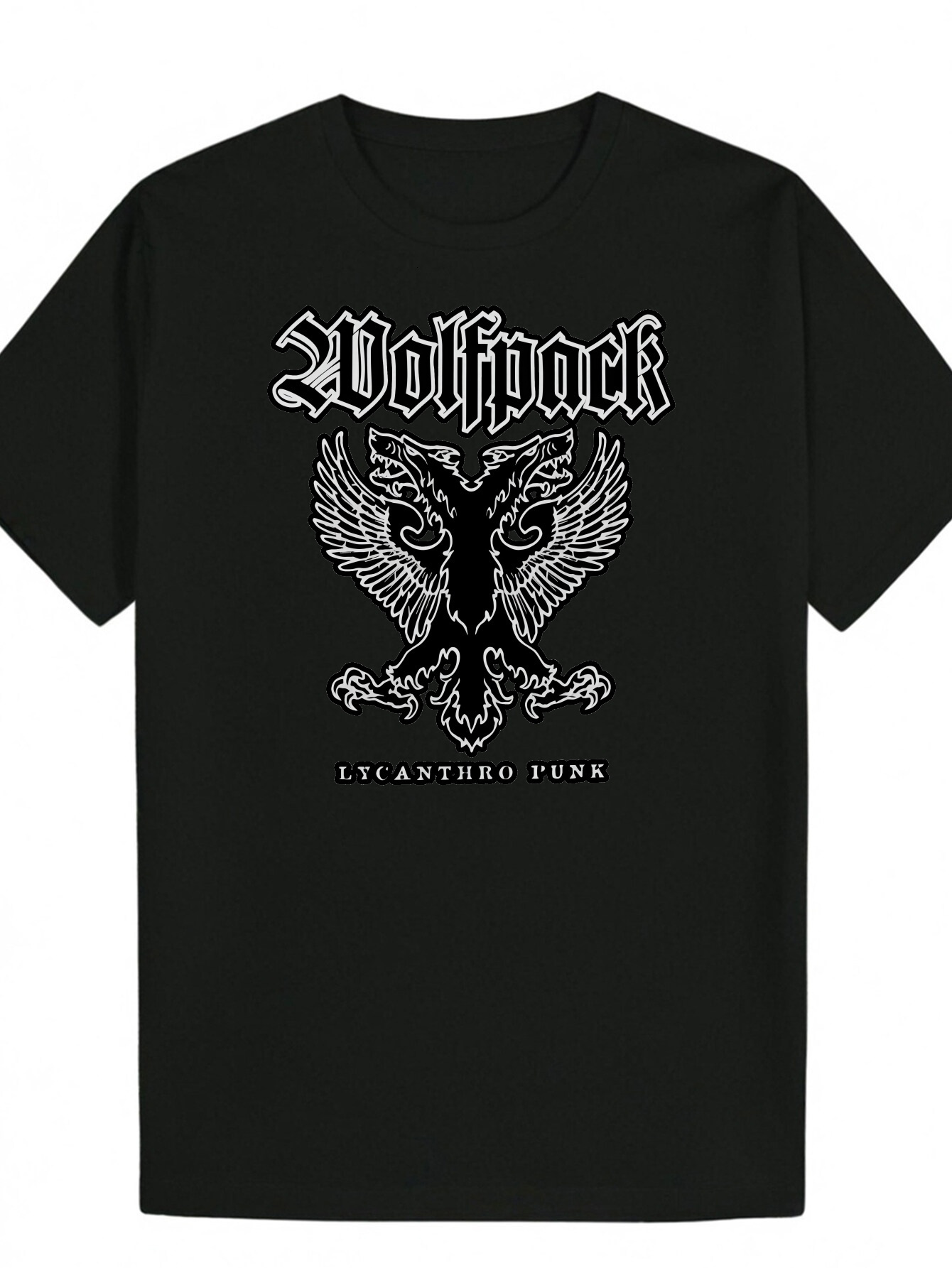 Men's Summer Crew Neck T-Shirt, Wolf Bag Design - "Lycanthro Punk" Letters, Black Polyester Fiber, Stretch Fit, Casual Wear Pattern | L