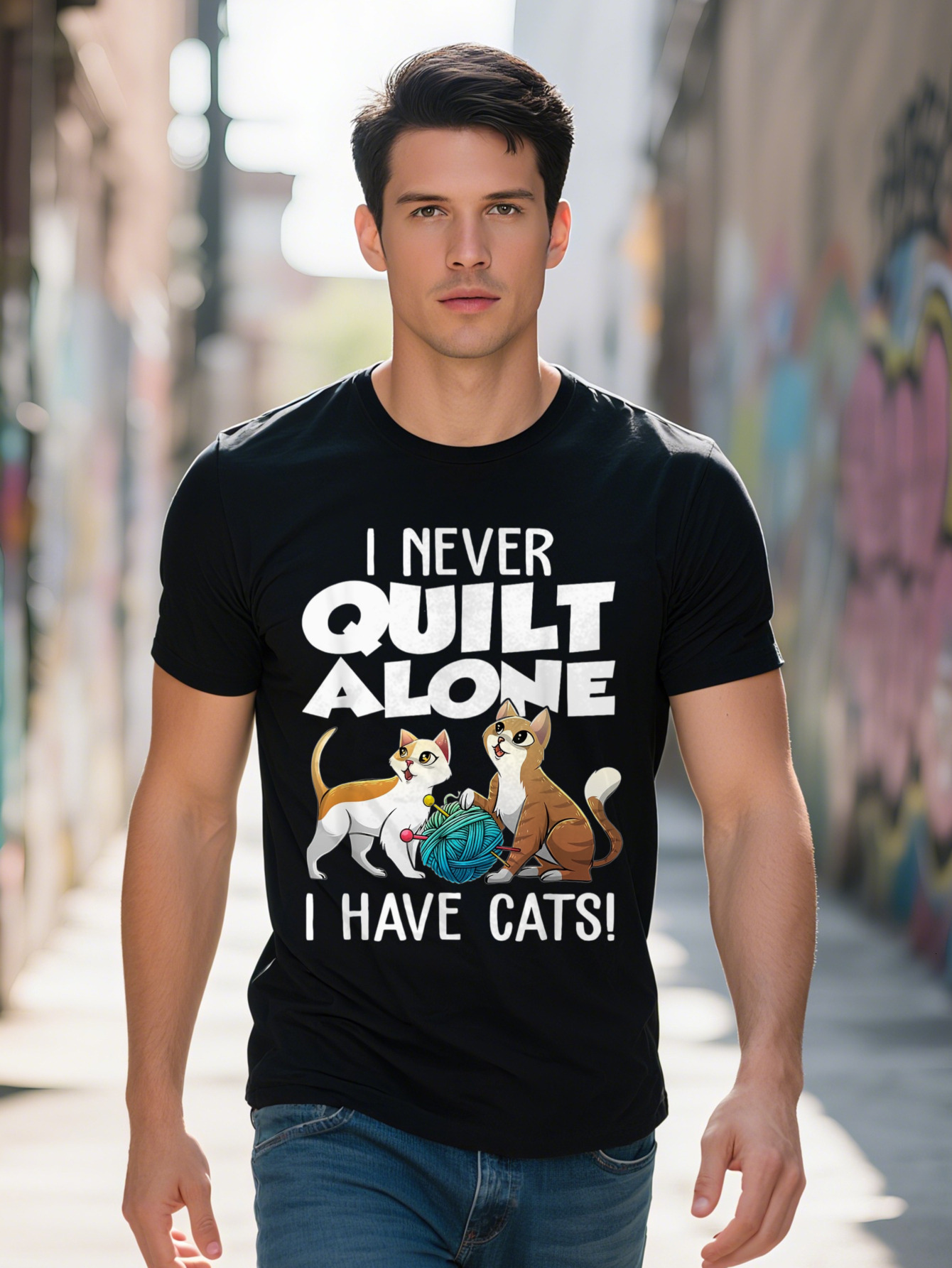 Men s Cotton T Shirt Funny Cat Quilting Design Never Quilt Alone I Have Cats Perfect Gift for Pet Lovers Quilters 3aae8 aabf8