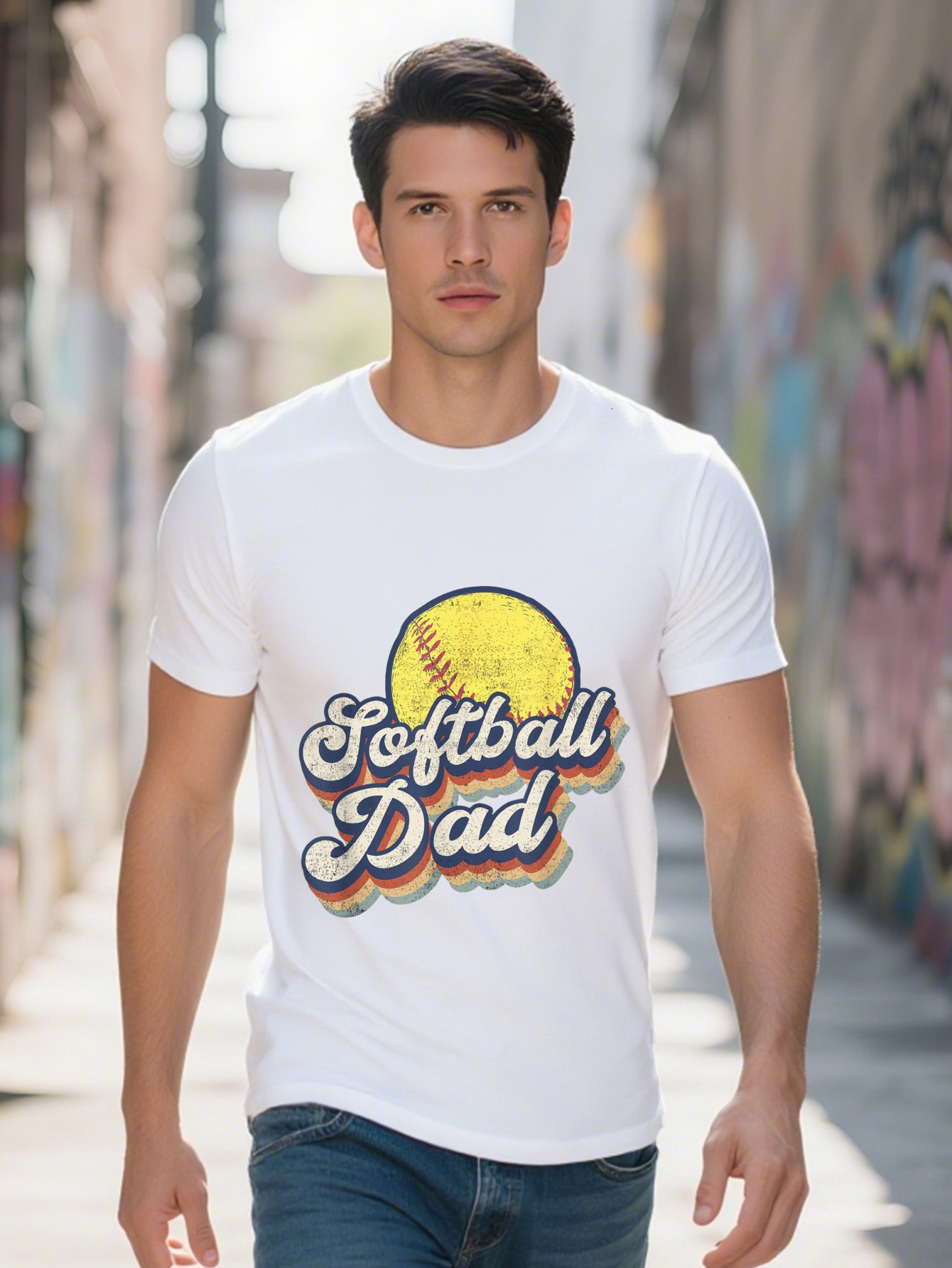 Softball Dad Graphic T-Shirt Cotton Fun Design with Vintage Baseball Bat Illustration Crew Neck Tee Men