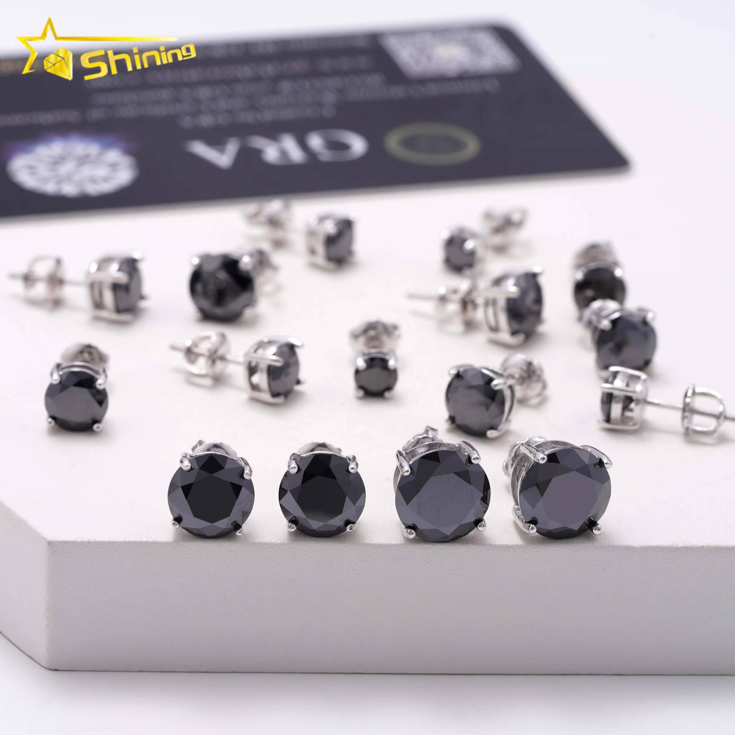Classic 4 Prong Screw Back Ear Stud 925 Sterling Silver 1ct 2ct 3ct Hip Hop Black Moissanite Earrings