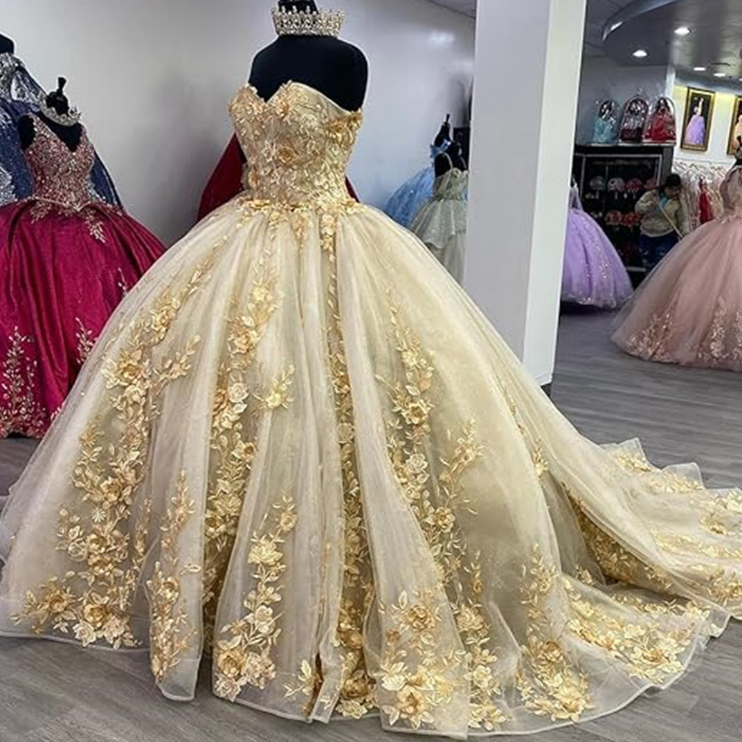 Glitter Tulle Quinceanera Dresses Floral 3D Flowers Applique Crystal Beads Off The Shoulder Corset Back Sweet 16 Dress Graduation Pageant Gowns