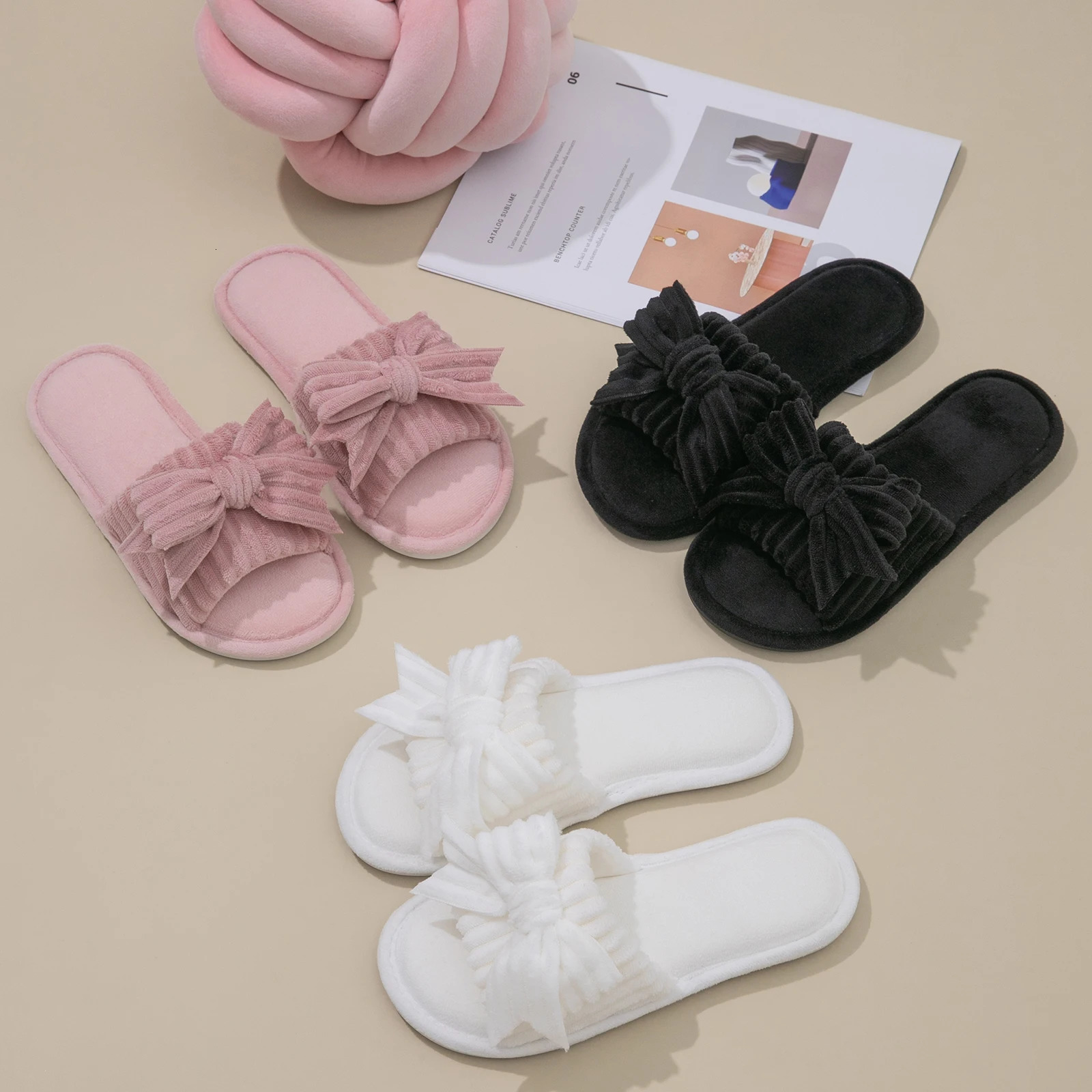 Women Bow Decor Plush Open Toe Memory Foam Fluffy Slippers 250814