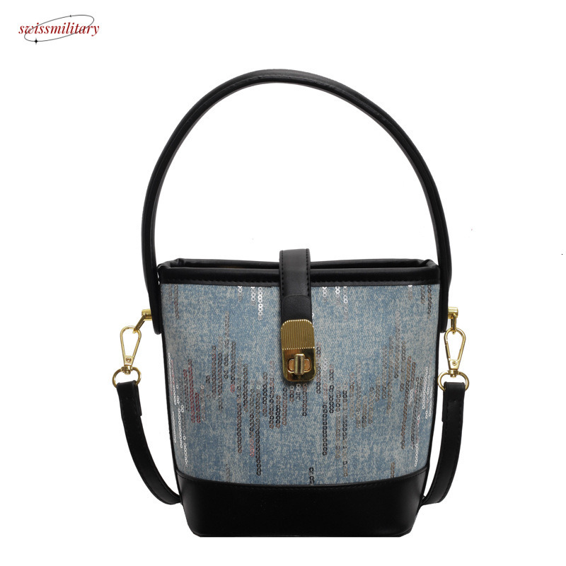 Denim Patchwork Handbag for Women 2025 New Versatile Personality Sequin Bucket Single Shoulder Crossbody Bag swissmilitary