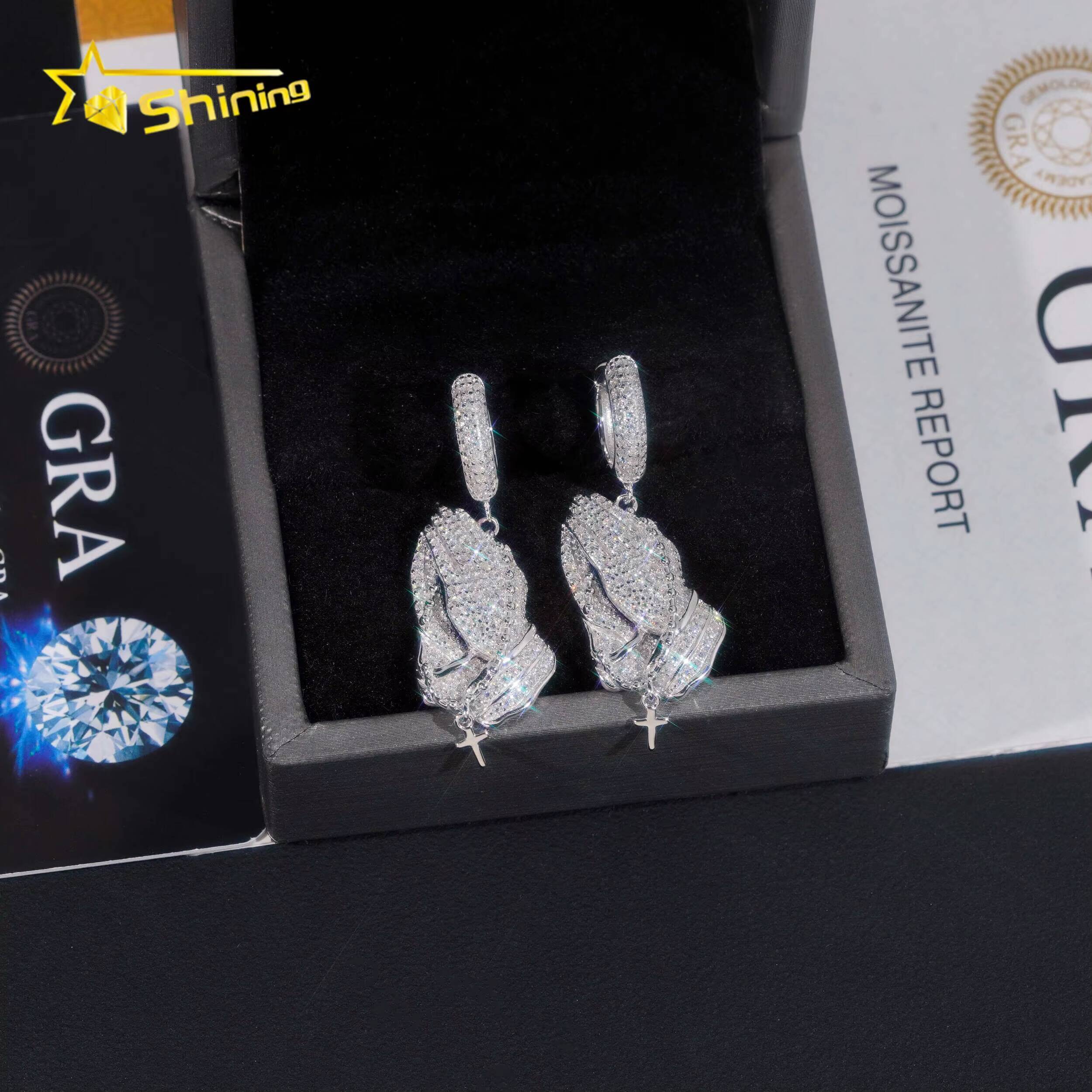 New Arrivals Hip Hop Style Moissanite Diamond Iced Out Handclap Drop 925 Silver Hoop Earrings