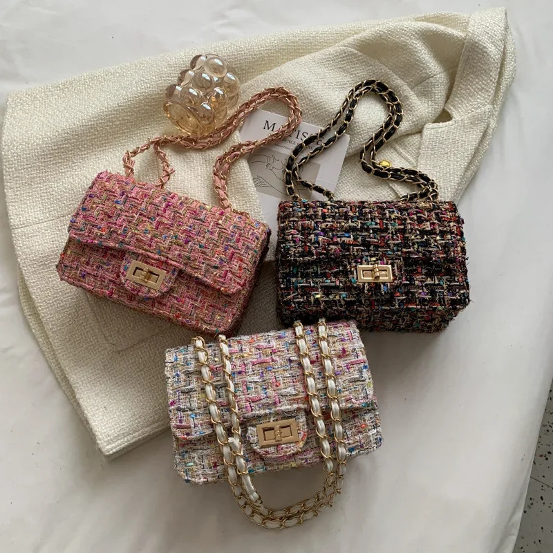 Fashionable Versatile Womens Bag Tweed Style Straw Bag Korean Version Chain Shoulder Crossbody Equipm Purses Ladies Handbags 250804