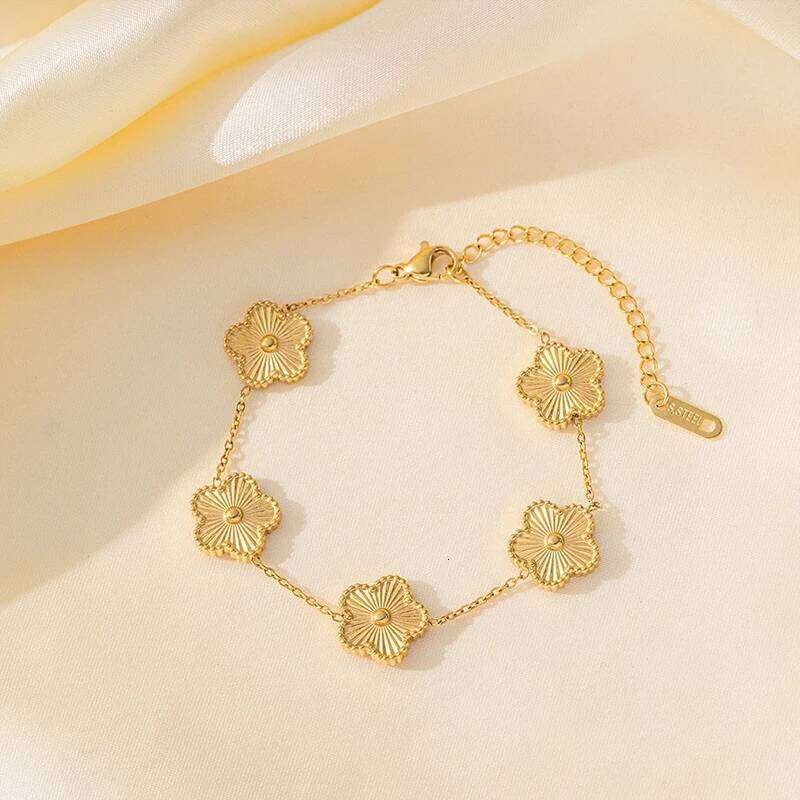 Gold Plated Stainless Steel Double Sided Chain Necklace for Women Five Flowers Clover Fashion Jewelry Accessories