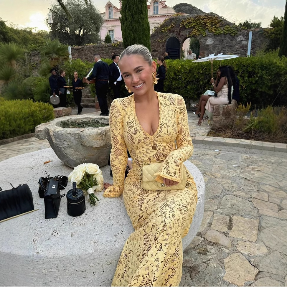 2025 trend European and American sexy fashion new deep V-long sleeved mesh hollow mermaid dress new designer dress