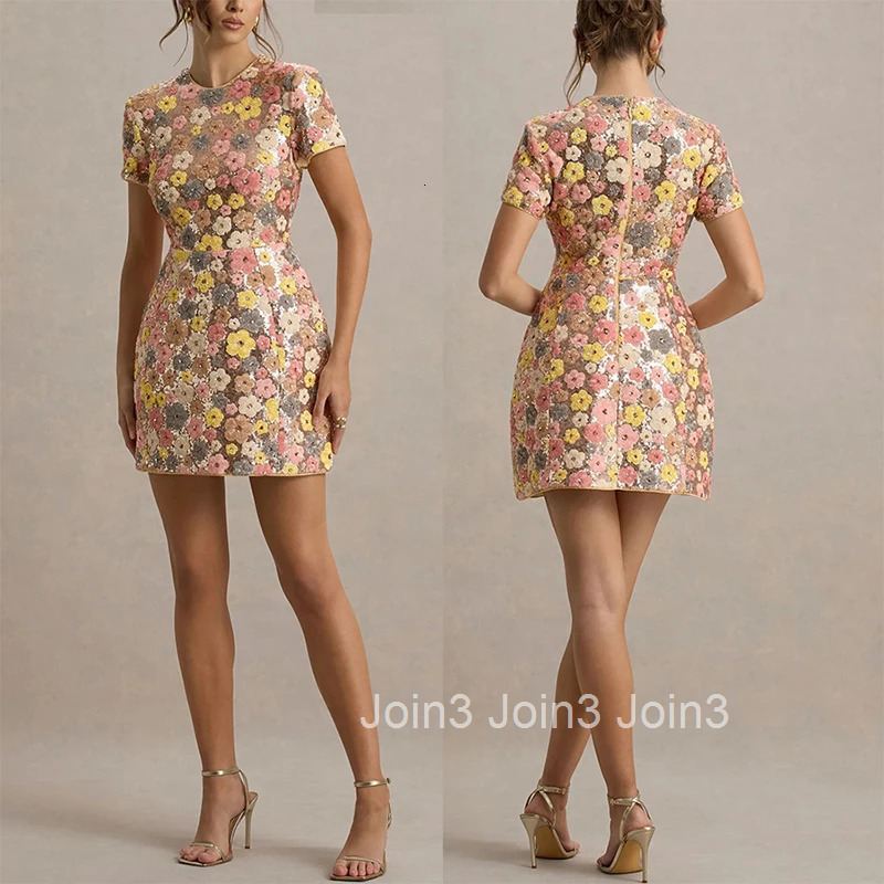 Woman Short Sleeve Floral Print Sequin Mini Dress Glam Flower Sequins Party Dresses Bohemian Luxury Birthday Dress