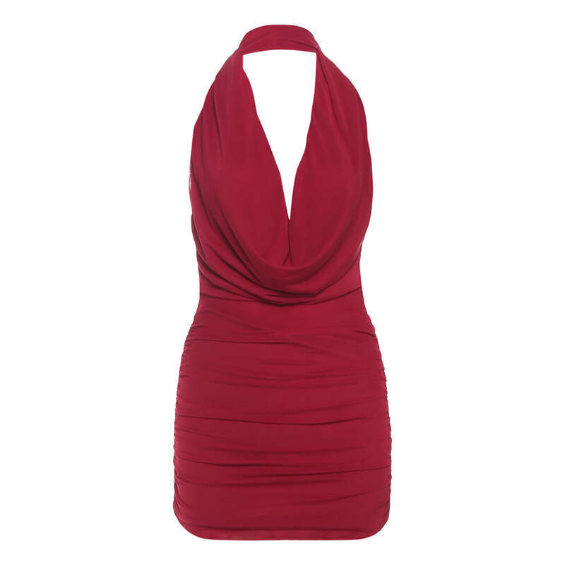 2025 Summer New American Style Hot Girl Design Halter Sexy Slim Deep V Hollow designer Out Dress