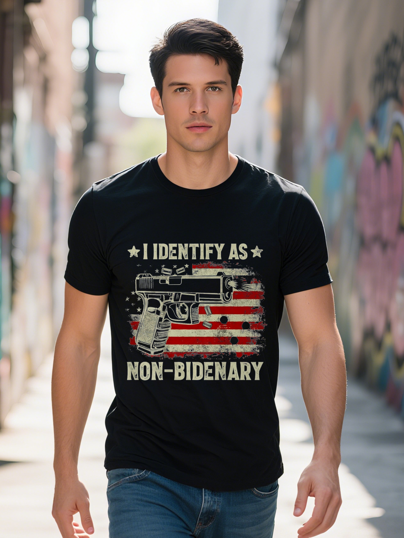 Gun American Flag Funny I Identify As Non-Bidenary on Back T-Shirt f5262