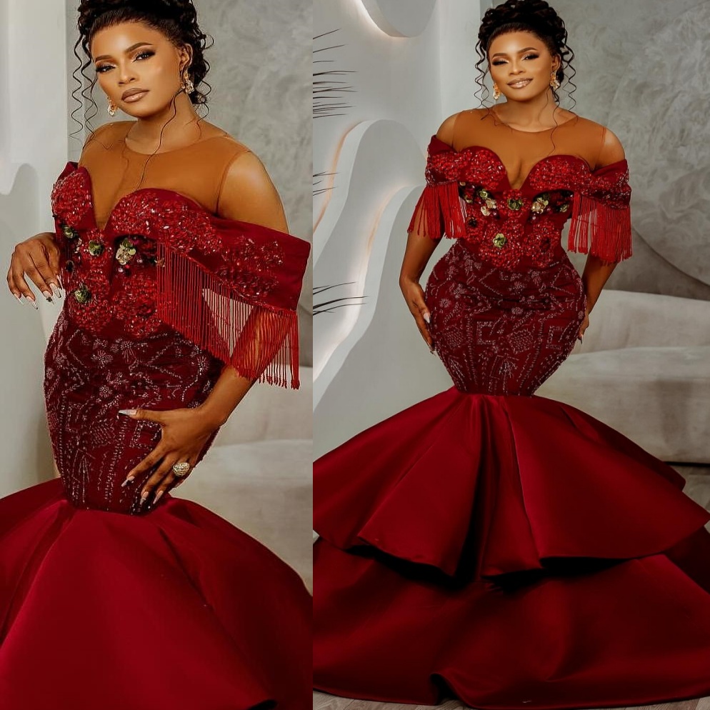 Dark Red Mermaid Prom Dresses 2025 Tassels Crystals Lace Satin Evening Formal Party Second Birthday Engagement Gowns Plus Size Dress For Special Occas