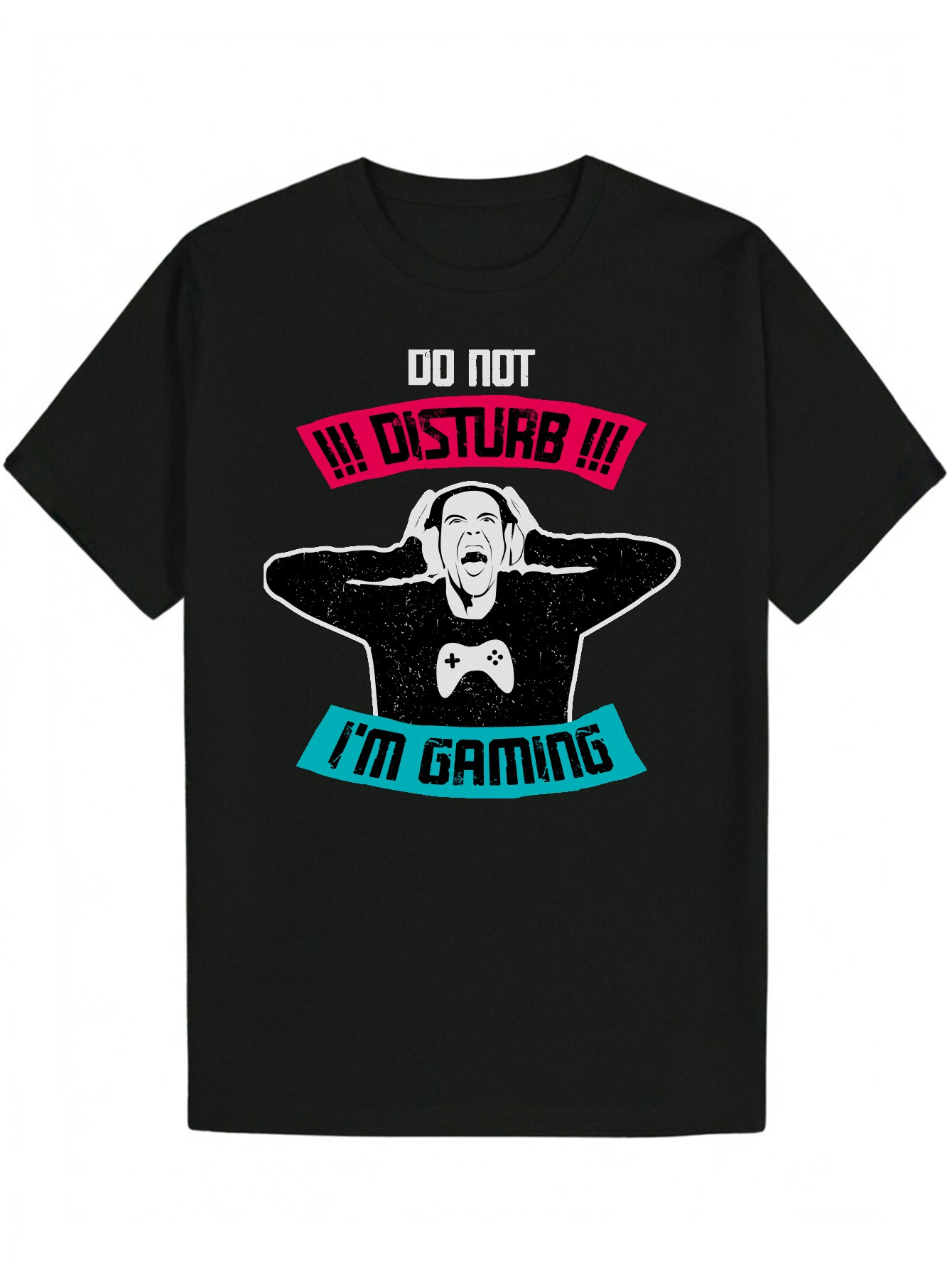 Men's Summer Casual Game Pattern T-Shirt - "Don't Disturb I'm Playing" Design with Controller Art, Black Polyester Crew Neck 