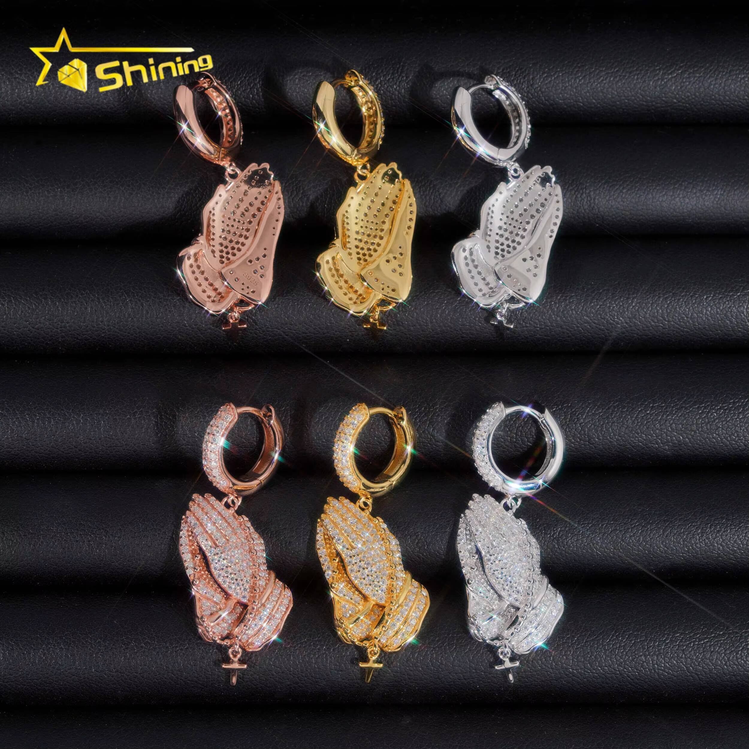 New Arrivals Hip Hop Style Moissanite Diamond Iced Out Handclap Drop 925 Silver Hoop Earrings