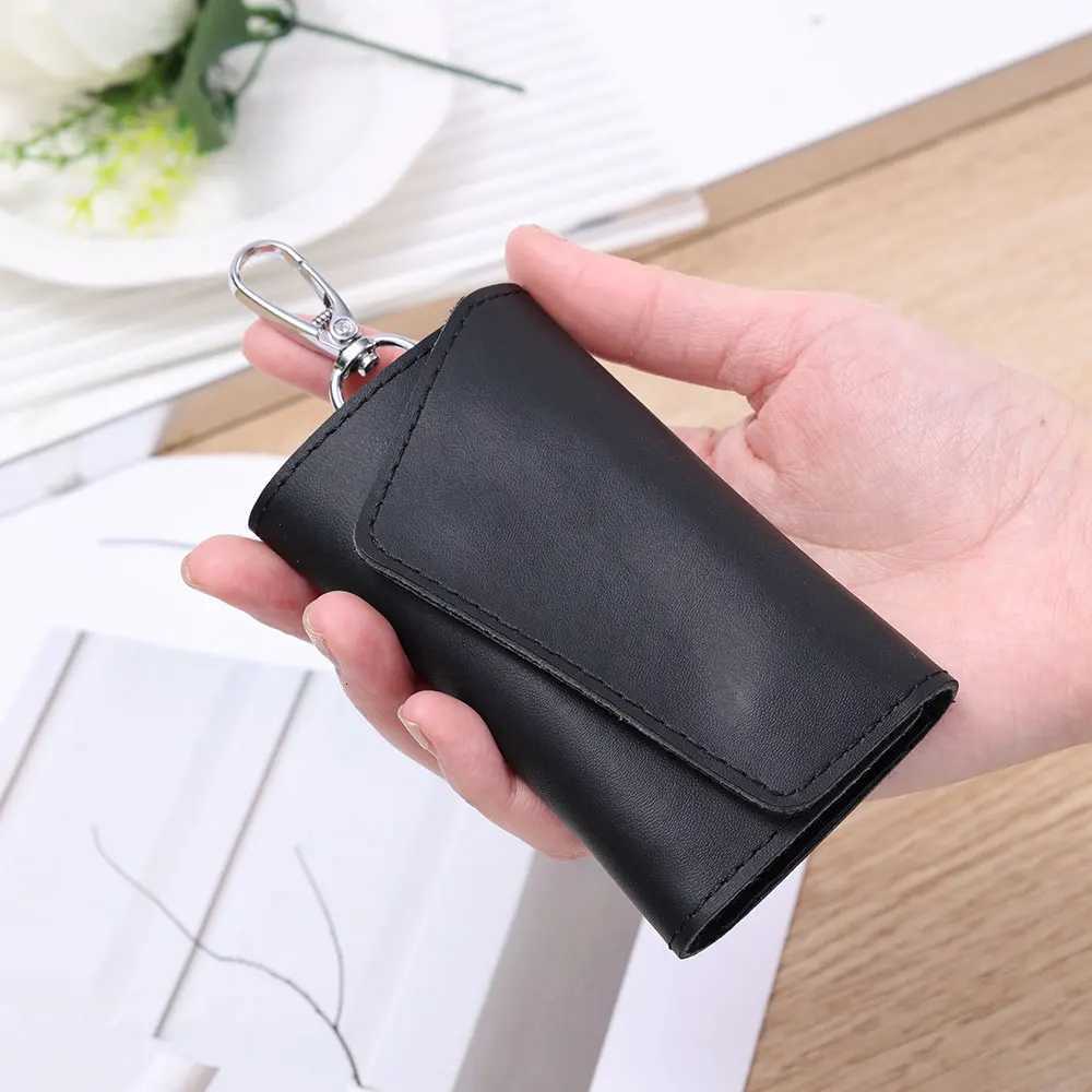 Portable Leather Housekeeper Holders Car Keychain Key Punch Bag Case Men Black Keys Wallet Cover Simple Solid Color Storage Bags G250802