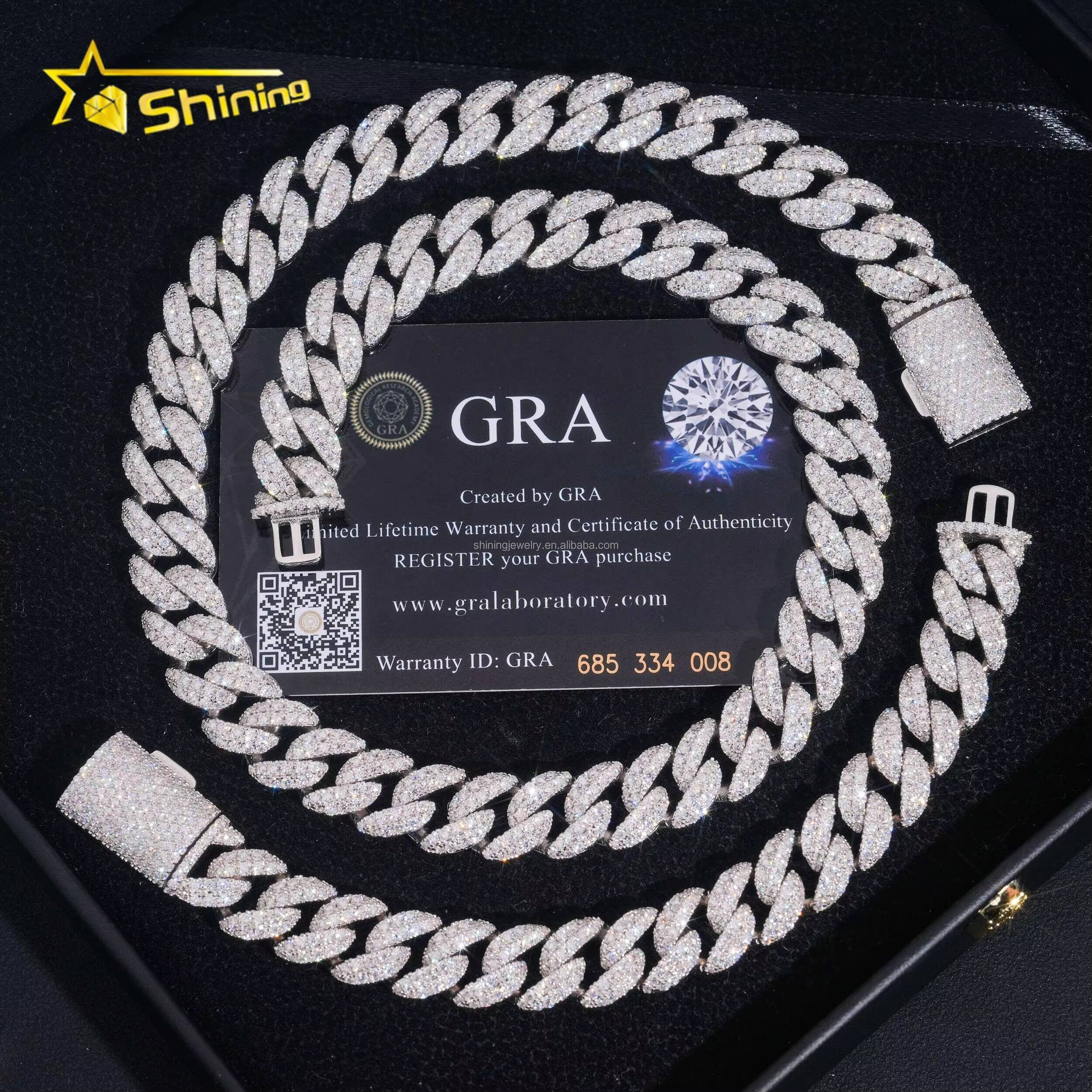 Fashion Rapper Jewelry GRA Certificate 12mm Two Rows Moon Shape Iced Out Moissanite Diamond S925 Sterling Silver Miami Cuban