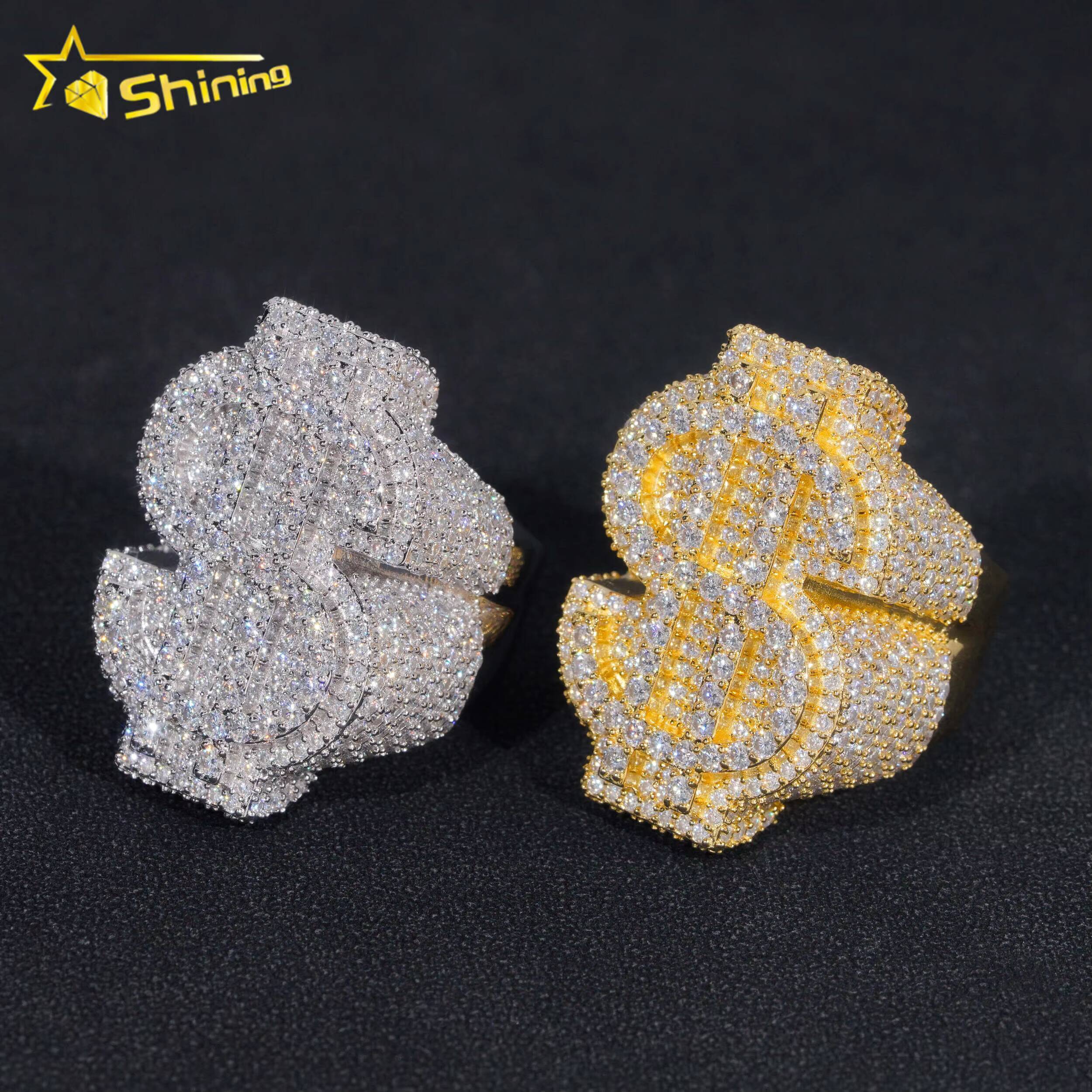 Hot Sale Money Sign Moissanite Diamond Silver Iced Out Design Hip Hop Ring Ready to Ship