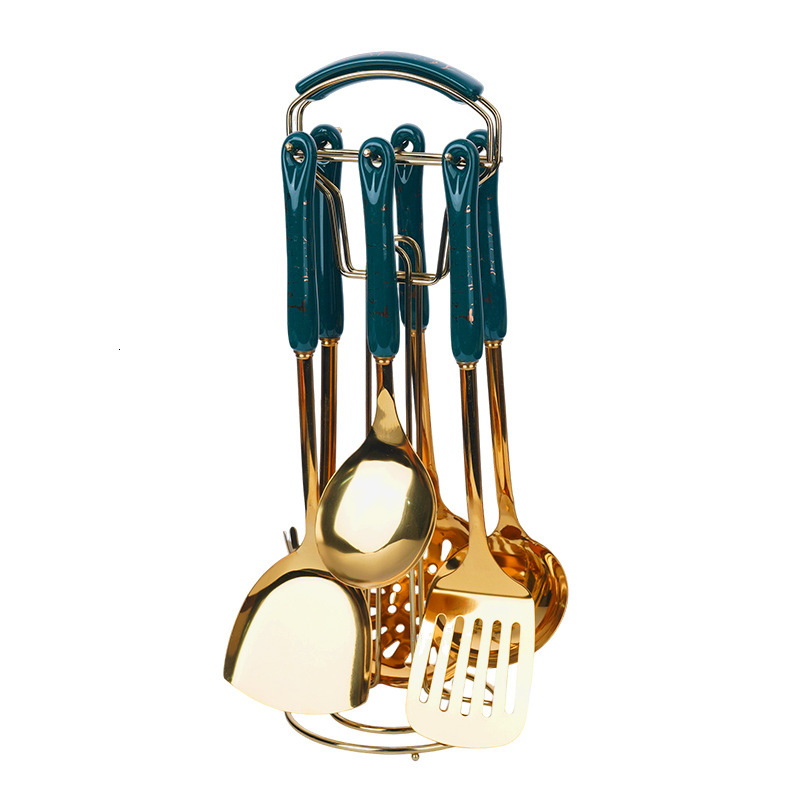 Stainless Steel Cooking Colander Ceramic Handle Stirring Spoon Household Kitchen Utensils Frying Spatula High Temperature Resistant Set