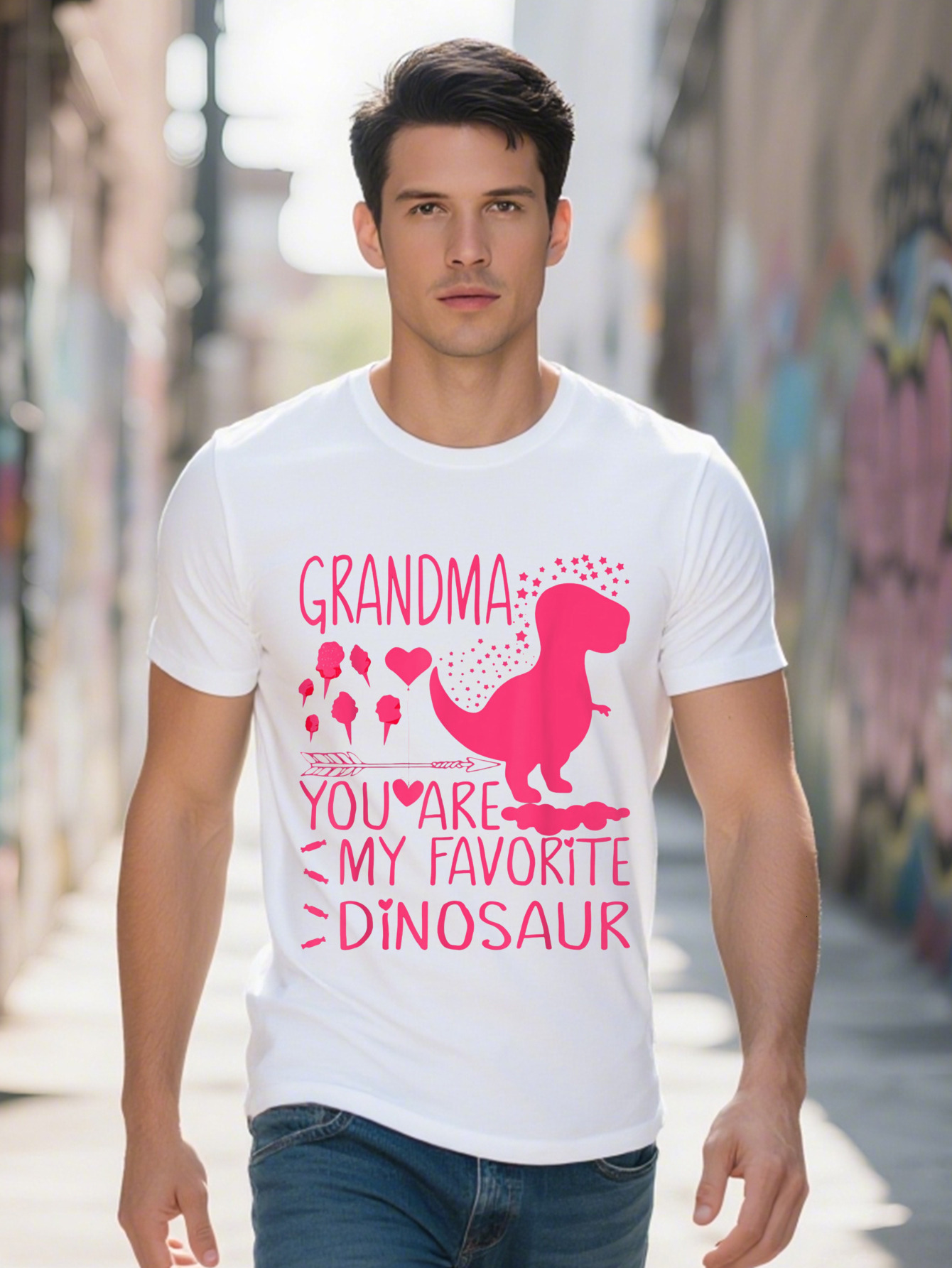 Men's Grandma You Are My Favorite Dinosaur Graphic T-Shirt Cotton Short Sleeve Crew Neck in Black with Pink Dino 31636