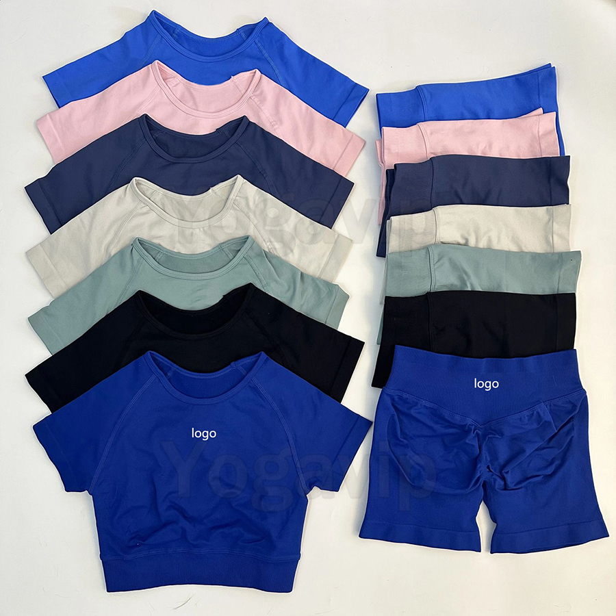 2pcs Gym Set Women Seamless Yoga Set Workout Short Sleeve Top Sport Crop Top Scrunch Bum Shorts Fitness Clothes Gym Suit