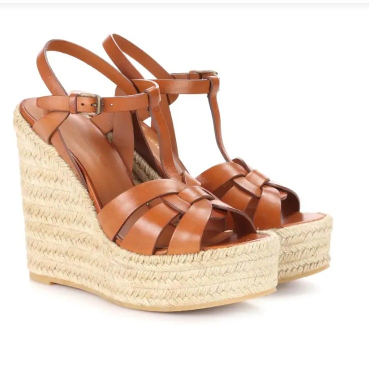 COOLSS Women wedge sandal high heels shoes Tribute leather wedge espadrille sandals brand platform ankle strap flat luxury design with box