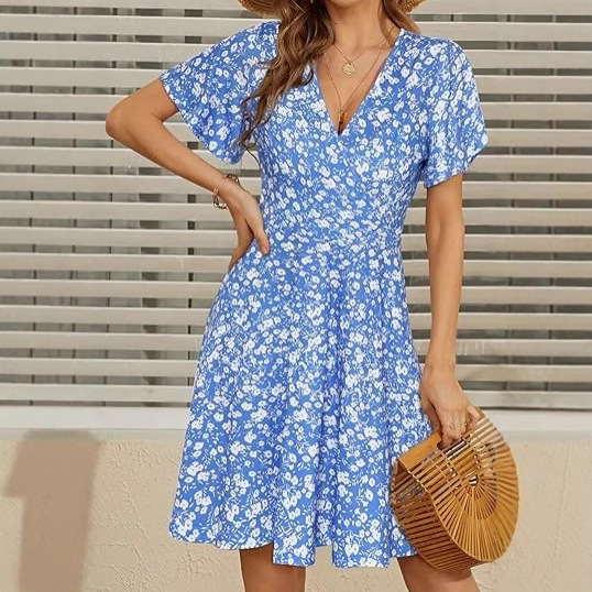 2025 European and American hot selling summer new digital printed short sleeved V-neck casual printed dress in stock new trend designer dress