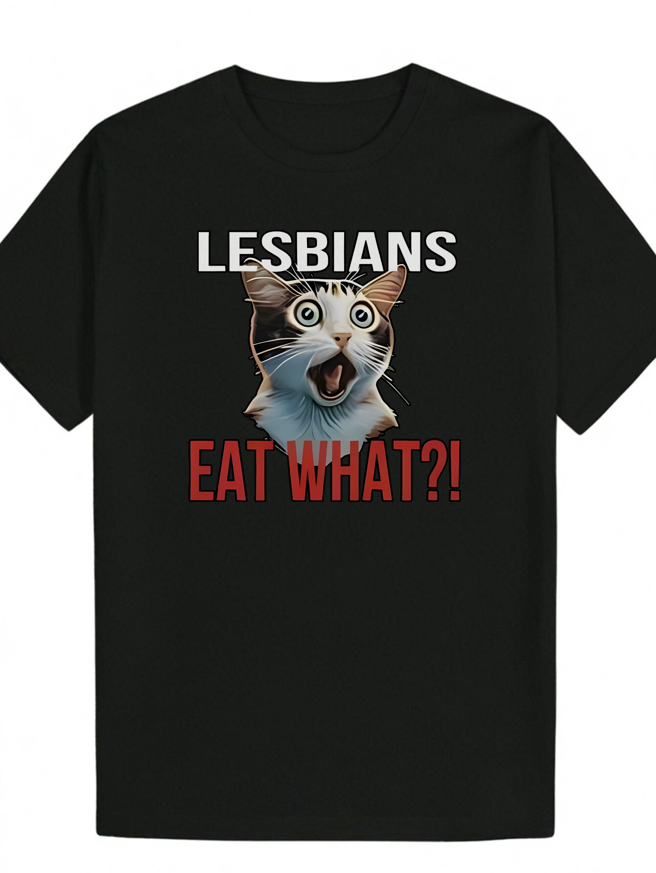 Men's Funny Cat "What Do Lesbians Eat?" Print - Black Polyester Crew T-Shirt, Suitable for Humorous Streetwear and Daily Outfits, Summe