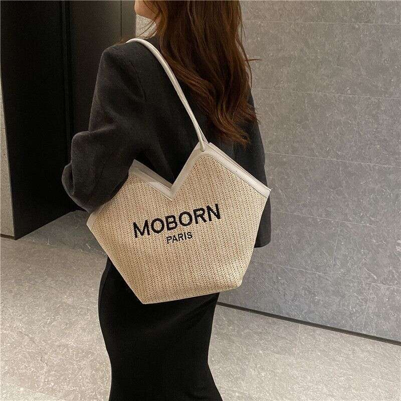 Trendy New Woven Women's Grass Weaving Shoulder Underarm Fashion Letter Contrast Casual Tote Bag