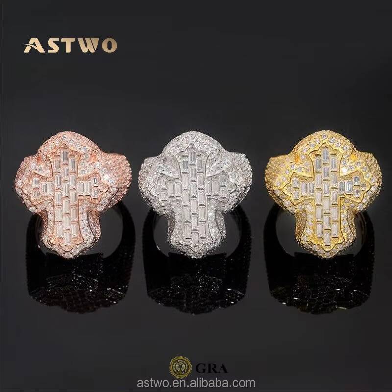 925 Sterling Silver Cross Moissanite Ring Hip Hop Baguette Cut Statement Jewelry Moissanite Hip Hop Ring