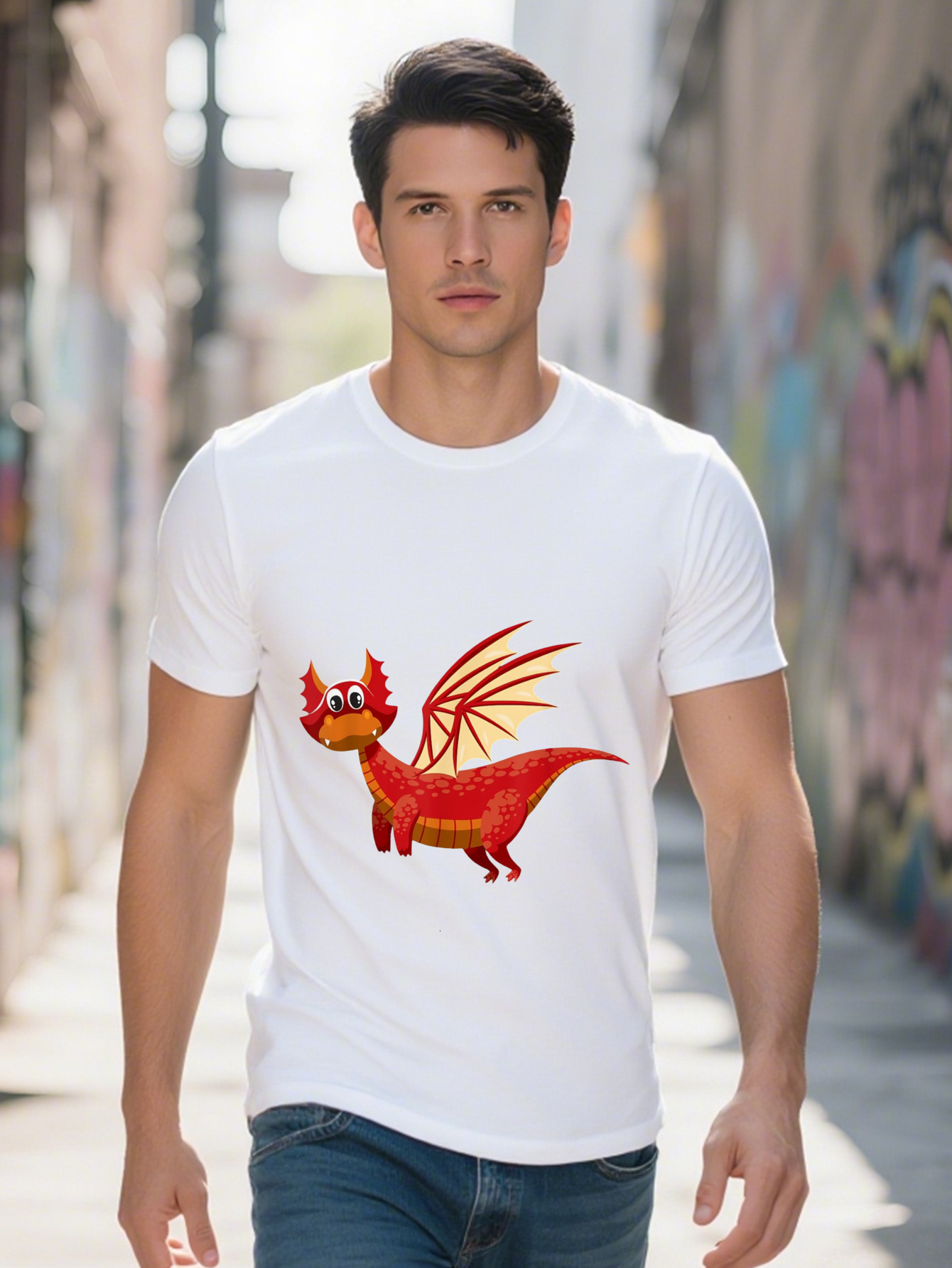 Men s Cotton T Shirt Fun Red Flying Design Cute Cartoon Youngsters with Expressive Eyes Lightweight 3d603