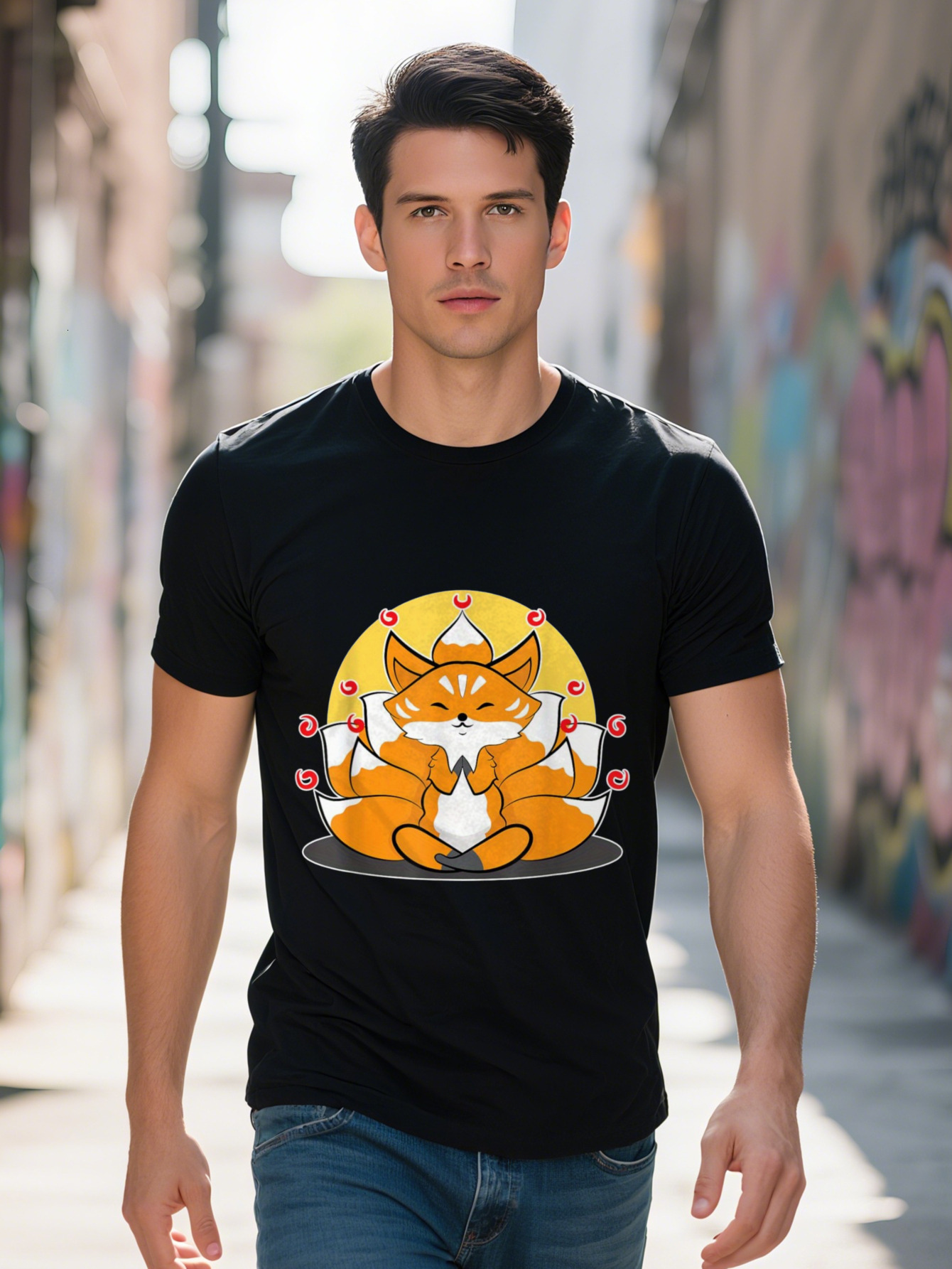 Men s Cute Graphic T Shirt Cotton Short Sleeve Fun Japanese Fox Design with Hearts Roses Black 23c04