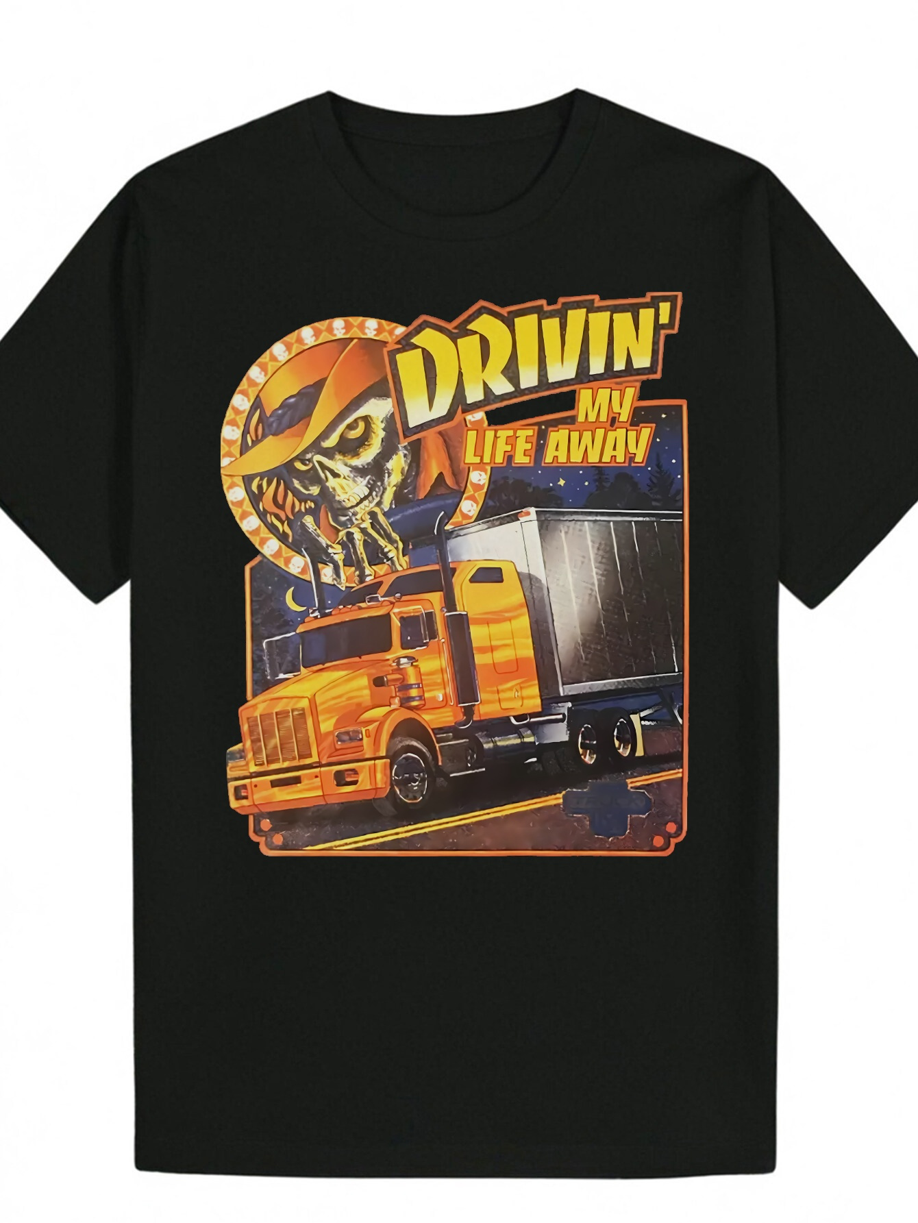 Men's Summer Casual Graphic T-Shirt - Round Neck Polyester, Black, Featuring 'DRIVIN'MY LIFE AWAY' Skull Truck Design, Lightweight