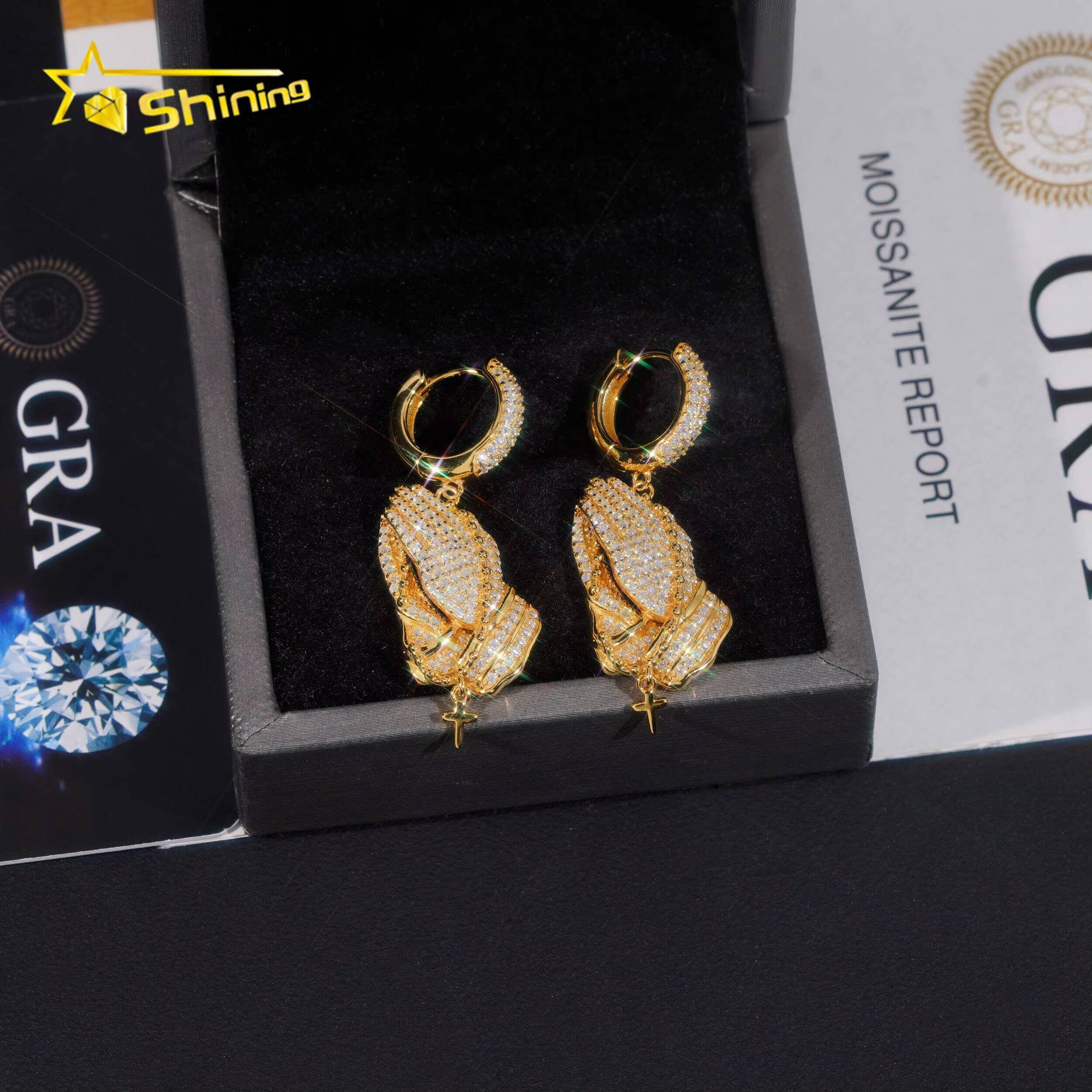 New Arrivals Hip Hop Style Moissanite Diamond Iced Out Handclap Drop 925 Silver Hoop Earrings