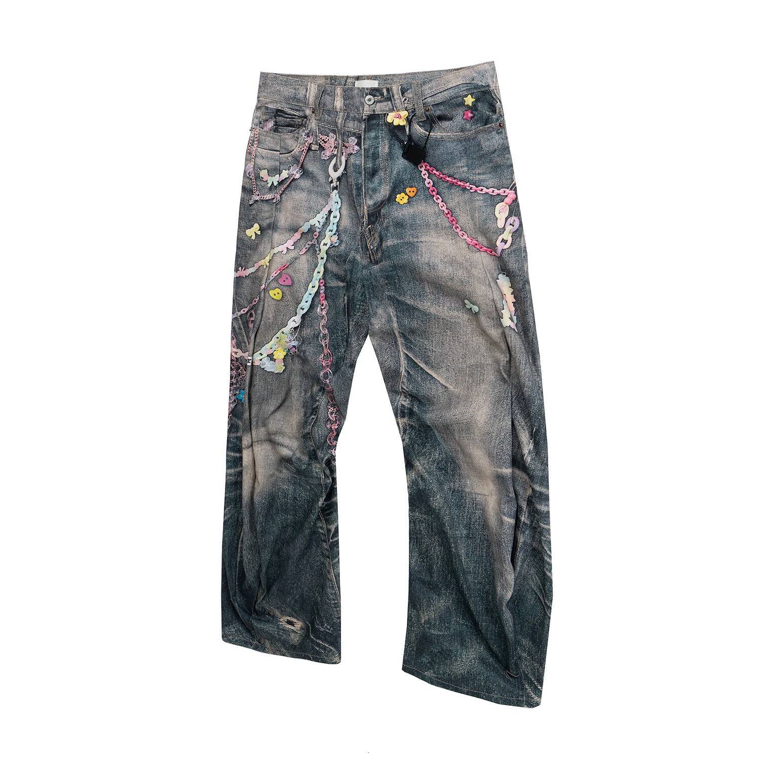 Street 3D Printed Candy Chain Denim Washed Baggy Fashion Curved Blade Harem Jeans Pants Men Y2k Wide Leg Trousers