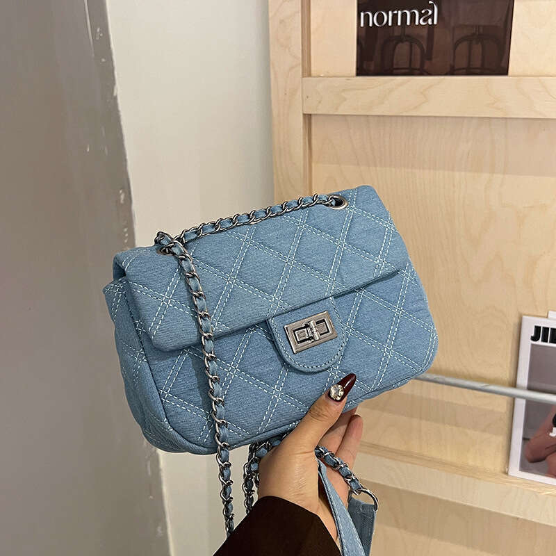 2025 Korean Style New Women's Fashionable Simple designer Denim Shoulder Classic Embroidered bags Quilted Chain Crossbody Bag