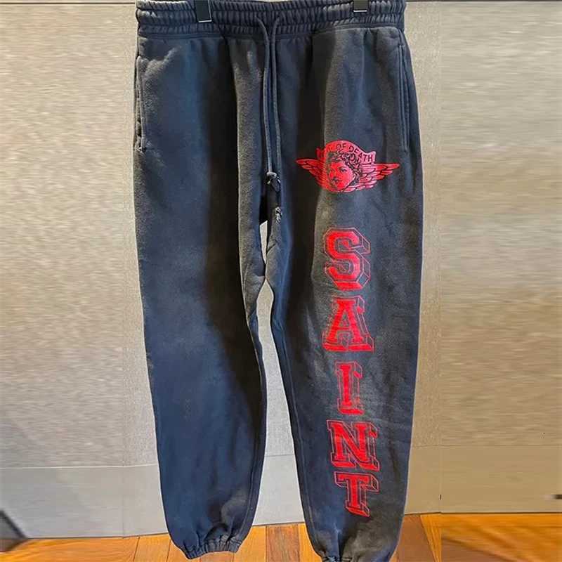 Classic Red Letter Print Saint Sweatpants Men Women High Quality Jogger Drawstring Casual Pants Vintage Washed Black Trousers X250804
