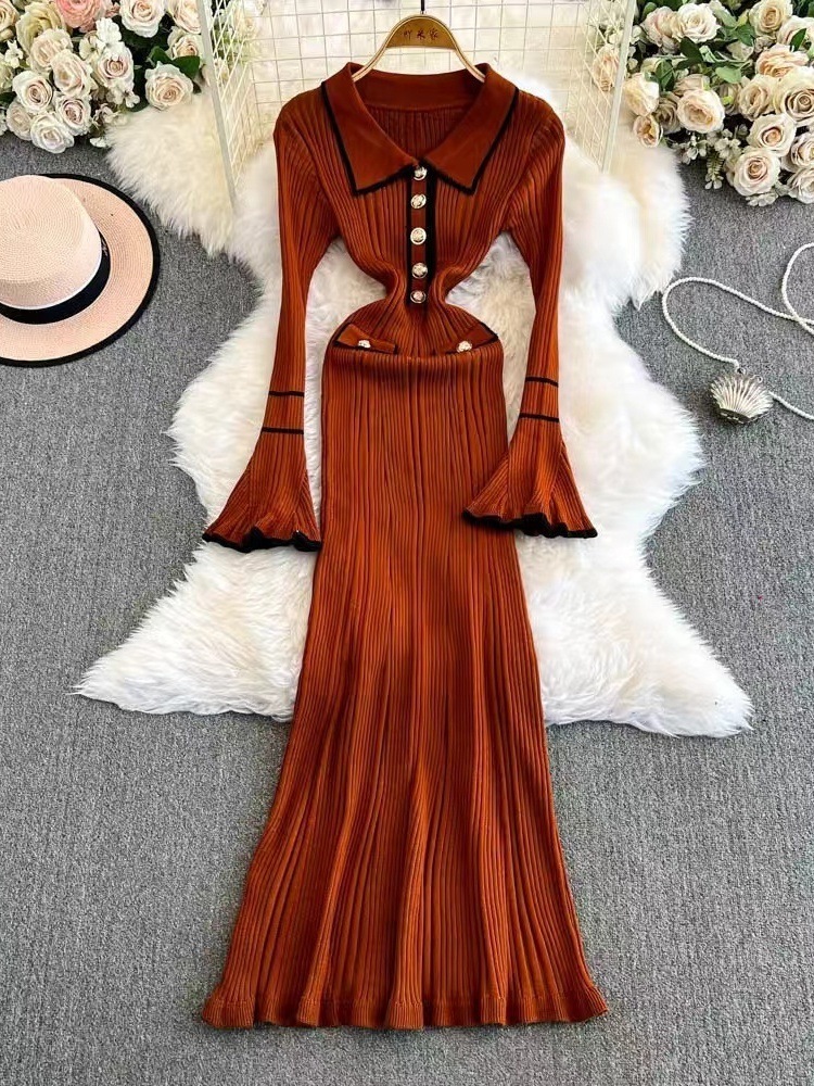 French Style Socialite Hot Girl Style Autumn Winter New Elegant Niche Long Collar Knitted Dress for Women 240824